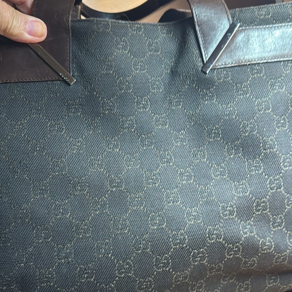 CLOSET SALE! Vtg. GUCCI Bag Authentic Dark Brown Fabric Leather-Trimmed 16x11 - Picture 13 of 16